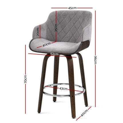 Artiss 1x Kitchen Bar Stools Wooden Bar Stool Chairs Swivel Velvet Fabric Grey - Image 3