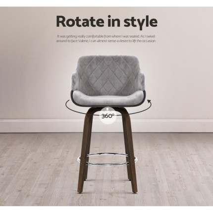Artiss 1x Kitchen Bar Stools Wooden Bar Stool Chairs Swivel Velvet Fabric Grey - Image 4