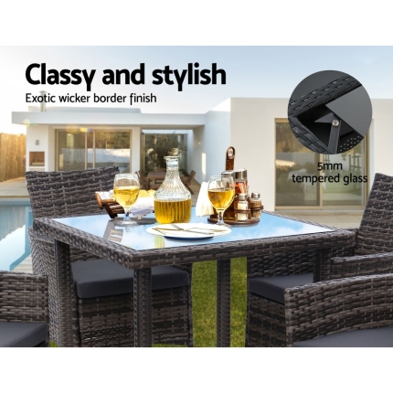 Outdoor Dining Set Patio Furniture Wicker Chairs Table Mixed Grey 5PCS - Image 4