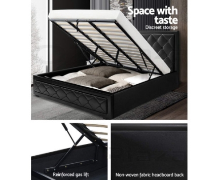 Artiss TIYO King Size Gas Lift Bed Frame Base With Storage Mattress Black Leather - Image 5