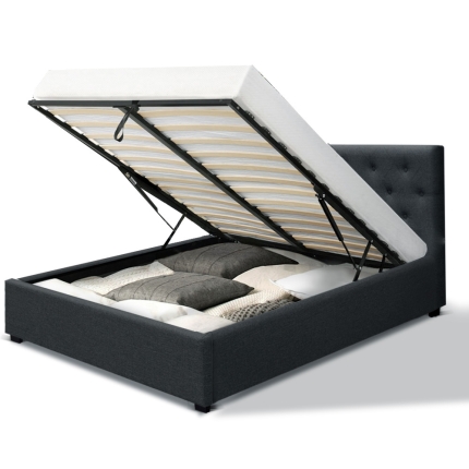 Artiss WARE Queen Size Gas Lift Bed Frame Base With Storage Mattress Charcoal Fabric - Image 3