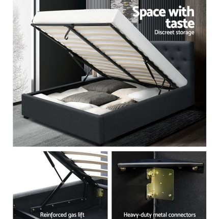 Artiss WARE Queen Size Gas Lift Bed Frame Base With Storage Mattress Charcoal Fabric - Image 5