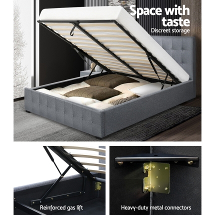 Artiss ROCA Queen Size Gas Lift Bed Frame Base With Storage Mattress Grey Fabric - Image 4
