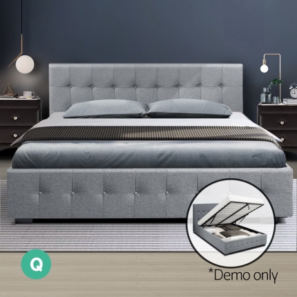 Artiss ROCA Queen Size Gas Lift Bed Frame Base With Storage Mattress Grey Fabric - Image 6
