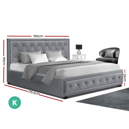 Artiss TIYO King Size Gas Lift Bed Frame Base With Storage Mattress Grey Fabric - Image 2