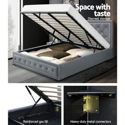 Artiss TIYO King Size Gas Lift Bed Frame Base With Storage Mattress Grey Fabric - Image 6