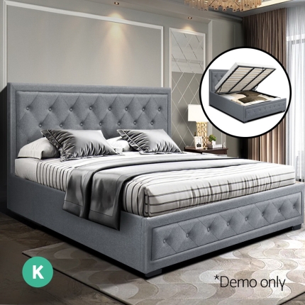 Artiss TIYO King Size Gas Lift Bed Frame Base With Storage Mattress Grey Fabric - Image 7