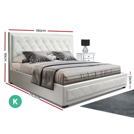 Artiss TIYO King Size Gas Lift Bed Frame Base With Storage Mattress White Leather - Image 2
