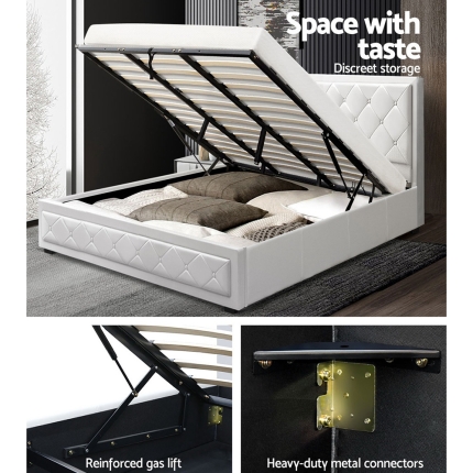 Artiss TIYO King Size Gas Lift Bed Frame Base With Storage Mattress White Leather - Image 4