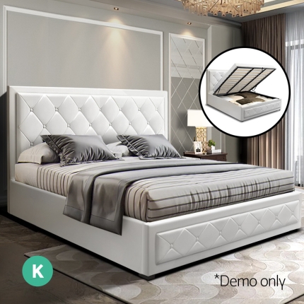 Artiss TIYO King Size Gas Lift Bed Frame Base With Storage Mattress White Leather - Image 7