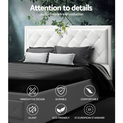 Artiss TIYO Queen Size Gas Lift Bed Frame Base With Storage Mattress White Leather - Image 3