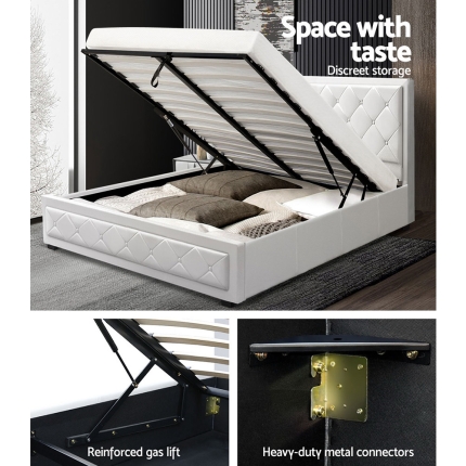 Artiss TIYO Queen Size Gas Lift Bed Frame Base With Storage Mattress White Leather - Image 6