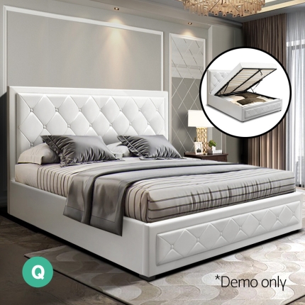 Artiss TIYO Queen Size Gas Lift Bed Frame Base With Storage Mattress White Leather - Image 7