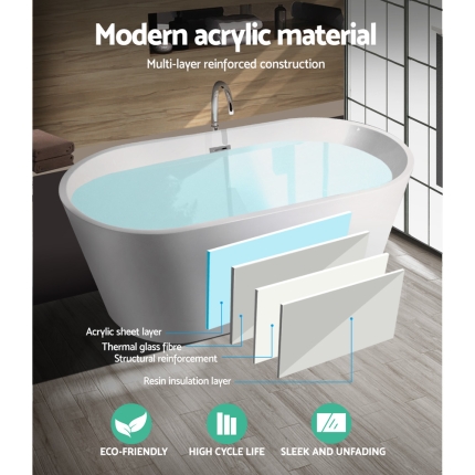 Cefito Bathroom Free Standing Bath Tubs Acrylic Gloss White SPA Tubs 170X80X58CM - Image 6
