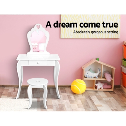 Keezi Kids Vanity Dressing Table Stool Set Mirror Drawer Children Makeup White - Image 3