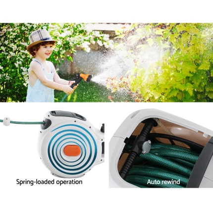 Greenfingers Retractable Hose Reel 30M Garden Water Brass Spray Gun Auto Rewind - Image 3