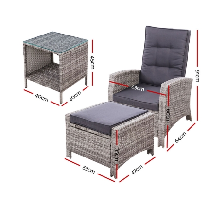 Gardeon Outdoor Setting Recliner Chair Table Set Wicker lounge Patio Furniture Grey - Image 2