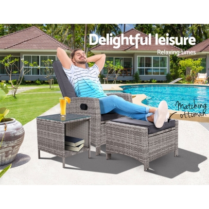 Gardeon Outdoor Setting Recliner Chair Table Set Wicker lounge Patio Furniture Grey - Image 3