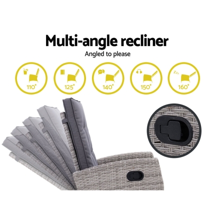 Gardeon Outdoor Setting Recliner Chair Table Set Wicker lounge Patio Furniture Grey - Image 4