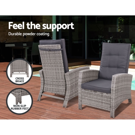 Gardeon Outdoor Setting Recliner Chair Table Set Wicker lounge Patio Furniture Grey - Image 5