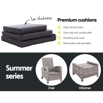 Gardeon Outdoor Setting Recliner Chair Table Set Wicker lounge Patio Furniture Grey - Image 6