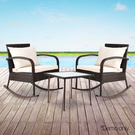 Gardeon 3 Piece Outdoor Chair Rocking Set - Brown - Image 7