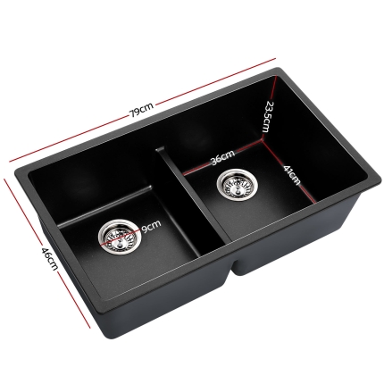 Cefito Stone Kitchen Sink 790X460MM Granite Under/Topmount Basin Double Bowl Black - Image 4