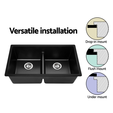 Cefito Stone Kitchen Sink 790X460MM Granite Under/Topmount Basin Double Bowl Black - Image 5