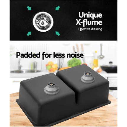 Cefito Stone Kitchen Sink 790X460MM Granite Under/Topmount Basin Double Bowl Black - Image 6