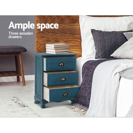 Artiss Bedside Tables Drawers Side Table Cabinet Vintage Blue Storage Nightstand - Image 3