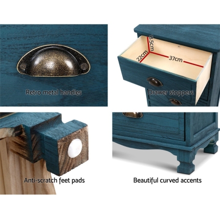 Artiss Bedside Tables Drawers Side Table Cabinet Vintage Blue Storage Nightstand - Image 4