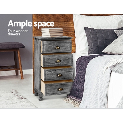 Artiss Bedside Tables Drawers Cabinet Vintage 4 Chest of Drawers Grey Nightstand - Image 3