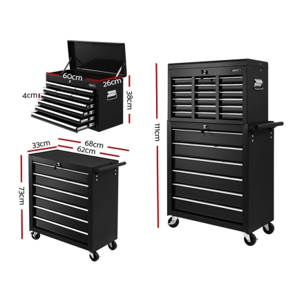 Giantz Tool Box Chest Trolley 16 Drawers Cabinet Cart Garage Toolbox Black - Image 2