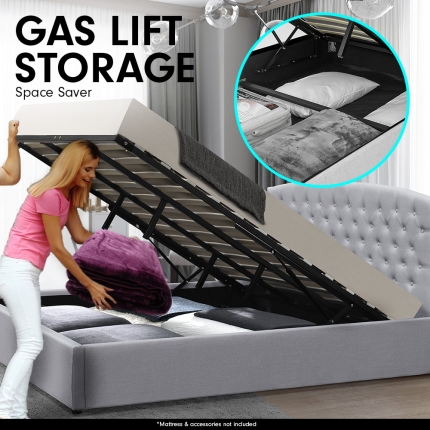 King Size Fabric Gas Lift Storage Bed Frame w/ Headboard Light Grey - Image 2