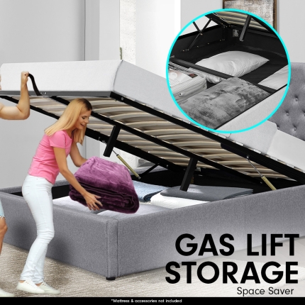 Queen Linen Fabric Gas Lift Storage Bed Frame w/ Headboard - Dark Grey - Image 2