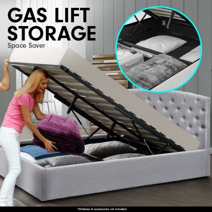 Queen Linen Fabric Gas Lift Storage Bed Frame w/ Headboard Light Grey - Image 3
