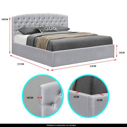 Queen Linen Fabric Gas Lift Storage Bed Frame w/ Headboard Light Grey - Image 9