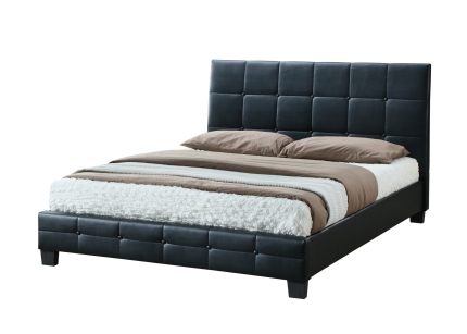 Bed Frame Queen PU Leather Grid Patterns Slat Metal Joint Wood Legs Black Soho - Image 2