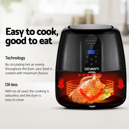 Devanti 7L Oil Free Air Fryer - Black - Image 3