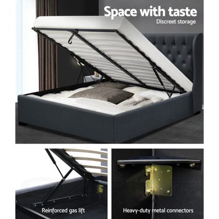 Artiss Double Full Size Gas Lift Bed Frame Base With Storage Mattress Charcoal Fabric Wooden - Image 4