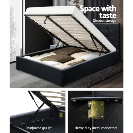 Artiss LISA Queen Size Gas Lift Bed Frame Base With Storage Mattress Black Leather - Image 5