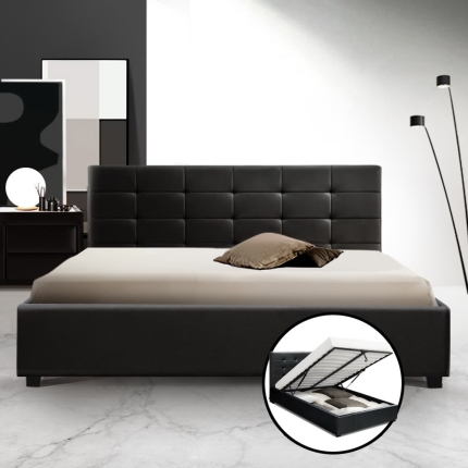 Artiss LISA Queen Size Gas Lift Bed Frame Base With Storage Mattress Black Leather - Image 7