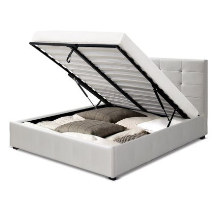 Artiss LISA Queen Size Gas Lift Bed Frame Base With Storage Mattress White Leather - Image 3