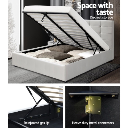Artiss LISA Queen Size Gas Lift Bed Frame Base With Storage Mattress White Leather - Image 5