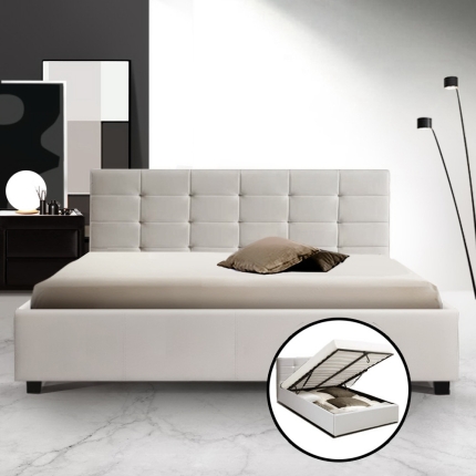 Artiss LISA Queen Size Gas Lift Bed Frame Base With Storage Mattress White Leather - Image 7
