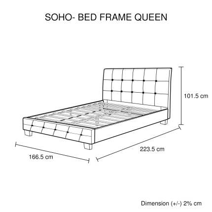 Bed Frame Queen PU Leather Grid Patterns Slat Metal Joint Wood Legs Black Soho - Image 5