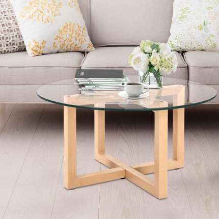 Artiss Tempered Glass Round Coffee Table - Beige - Image 7