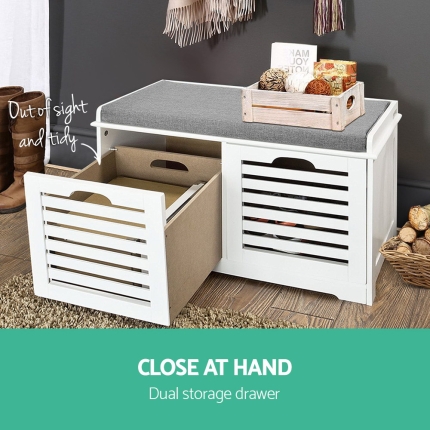 Artiss Fabric Shoe Bench with Drawers - White & Grey - Image 4