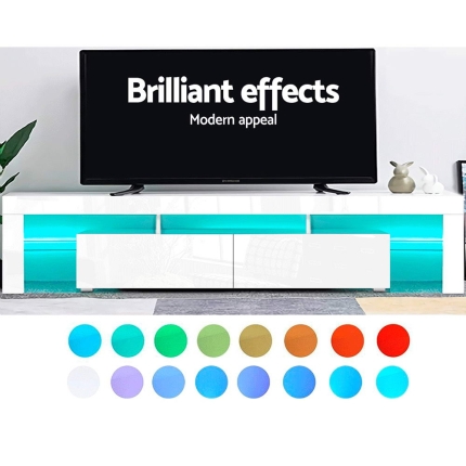Artiss TV Cabinet Entertainment Unit Stand RGB LED Gloss Furniture 2 Drawers 200cm White - Image 3