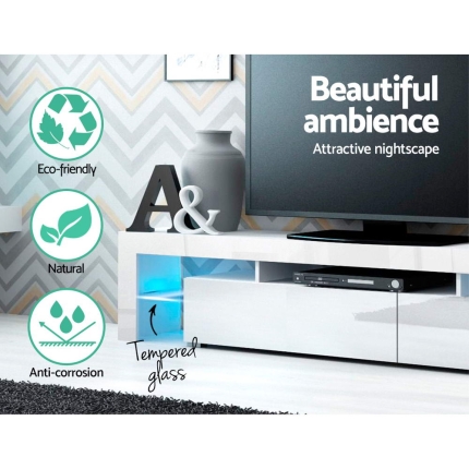 Artiss TV Cabinet Entertainment Unit Stand RGB LED Gloss Furniture 2 Drawers 200cm White - Image 4